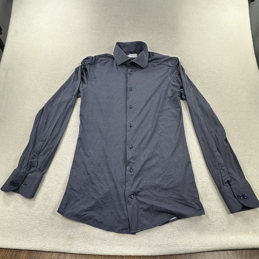 Eton Shirt Mens 15 34/35 Blue Houndstooth Slim Stretch Dress Long Sleeve